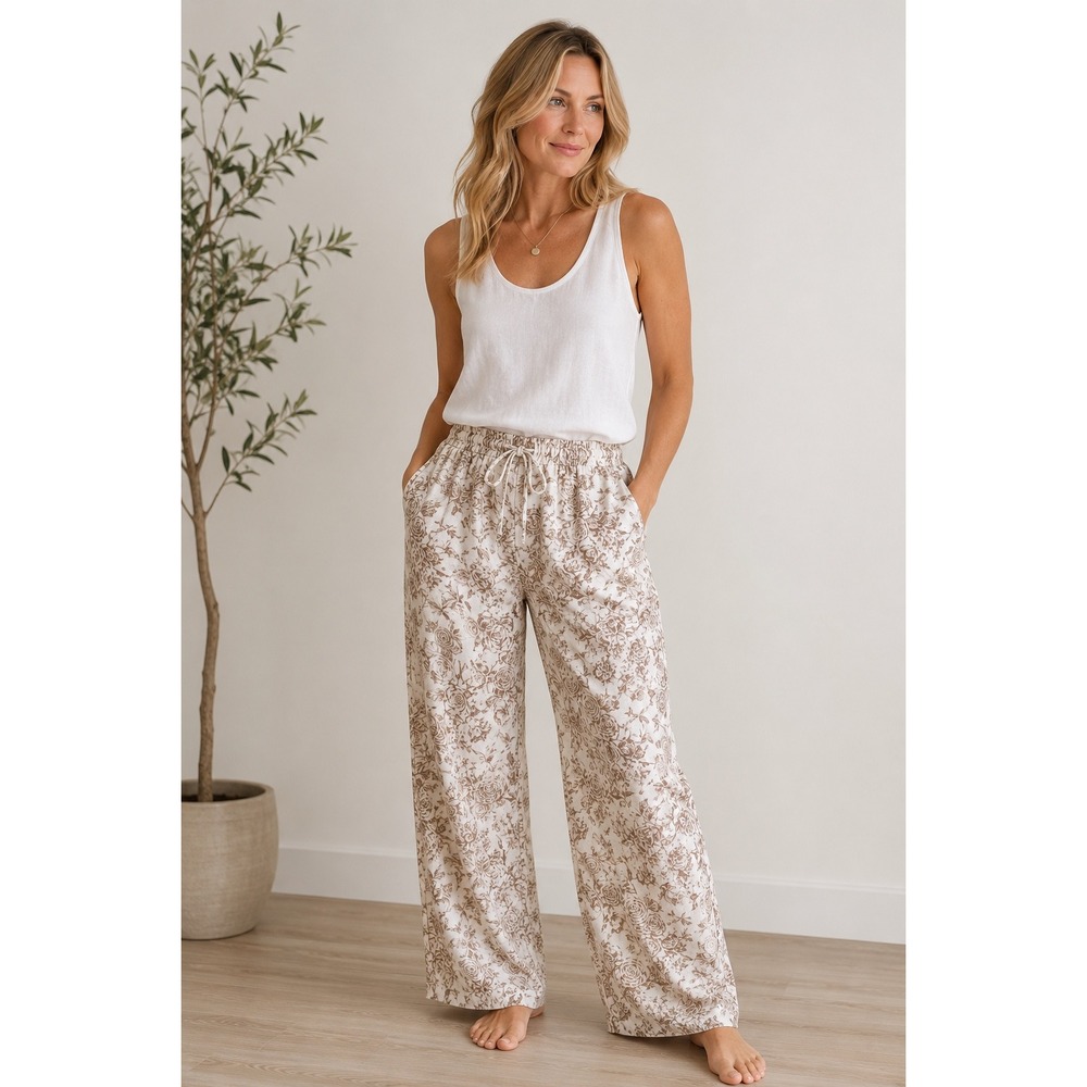 Women’s Wide-Leg Drawstring Floral Lounge Pants - White & Light Brown